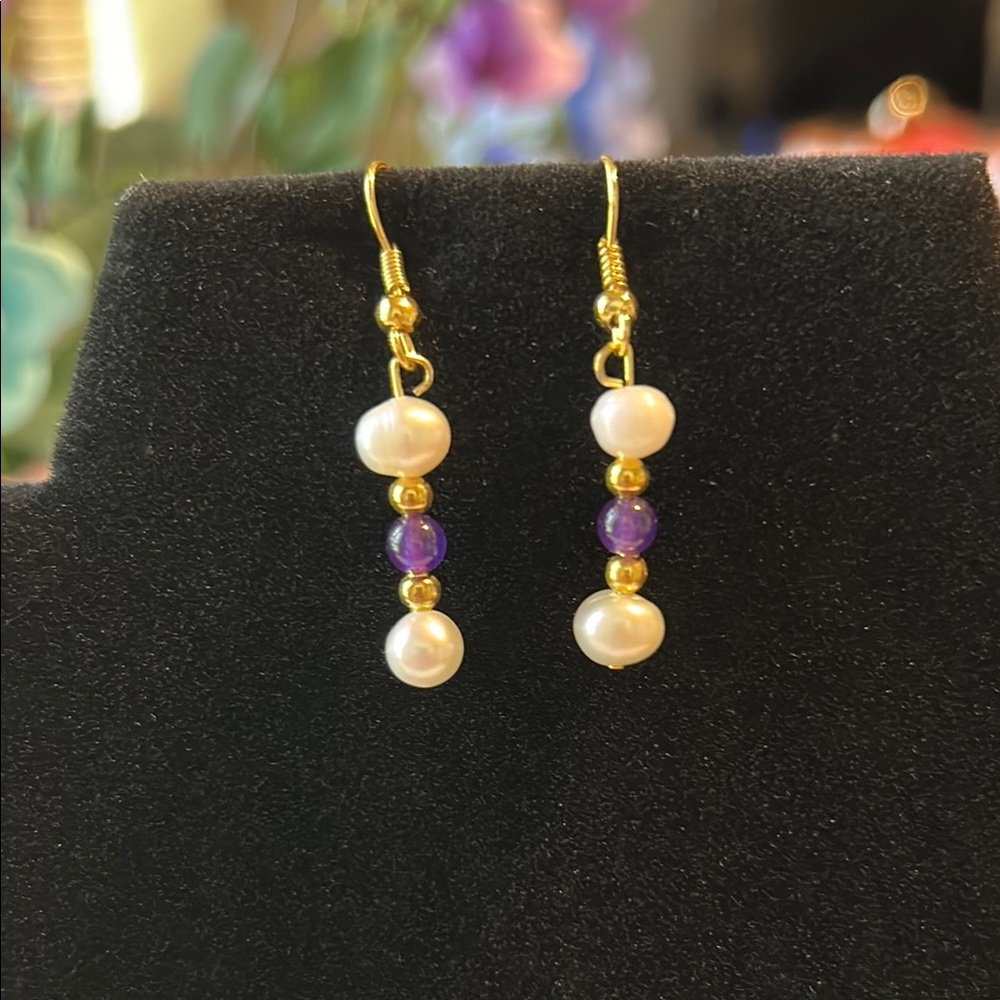Elegant Gold and Purple Pearl Earrings